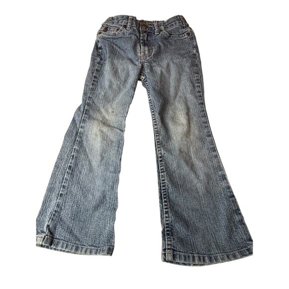 Vintage Sz 5 LEI Blue Denim Jeans Flare Leg 2000's Y2K Distressed Low Rise Read - Picture 1 of 10